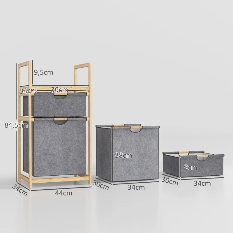 HOMCOM Cesta de Ropa en Bambú Cesto de Ropa Sucia con 2 Bolsas de Tela Deslizantes y Repisa de Listones, Natural