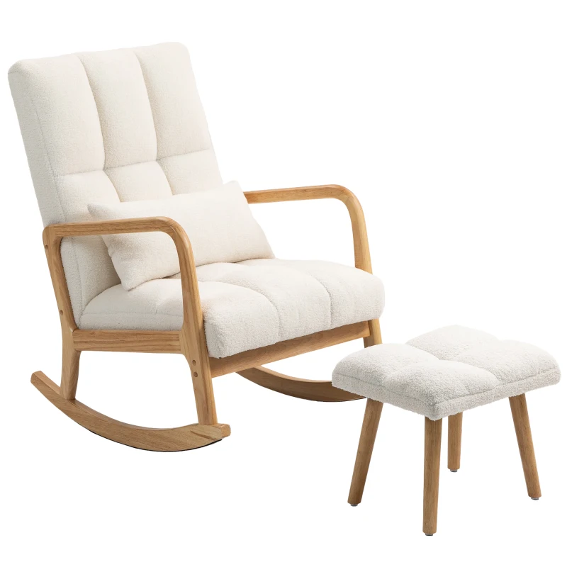 HOMCOM Sillón mecedor con reposapiés, forro polar, Respaldo alto, Patas de madera, Almohadillas para pies, Blanco
