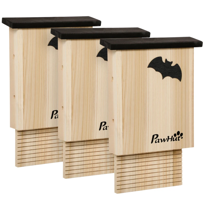PawHut Set de 3 Casas para Murciélagos, resistente a la intemperie, hasta 3 murciélagos por casa, madera de pino tratada, Natural y Negro