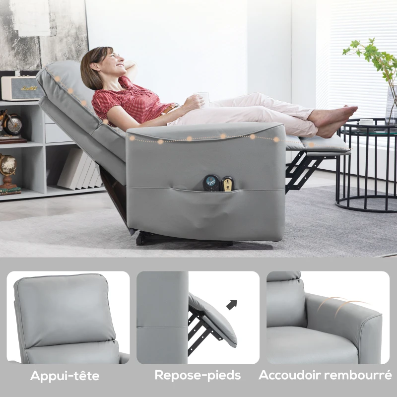 HOMCOM Sillón levantapersonas eléctrico con masaje 8 puntos y calefacción, control remoto, resortes ensacados, Gris claro