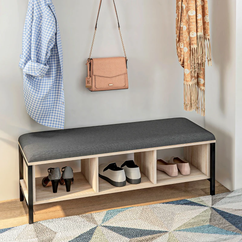 HOMCOM Conjunto de mueble de entrada 2-en-1 banco para zapatos 3 casilleros y perchero de pared 3 ganchos y barra natural y Negro