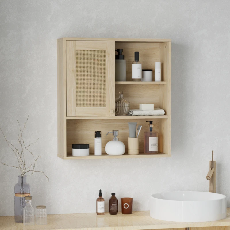 HOMCOM Armario de pared, mueble alto de baño con puerta corredera de ratán y estantes abiertos, madera natural