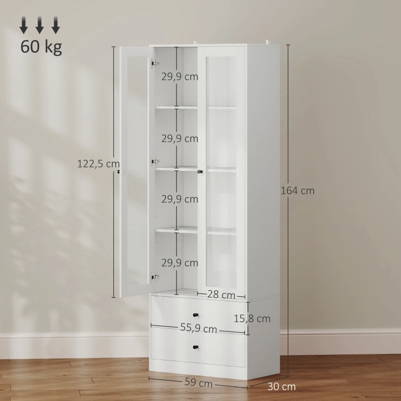 HOMCOM Mueble de almacenamiento moderno con armario de puertas de cristal, estantes ajustables y 2 cajones, 59x30x164 cm, blanco