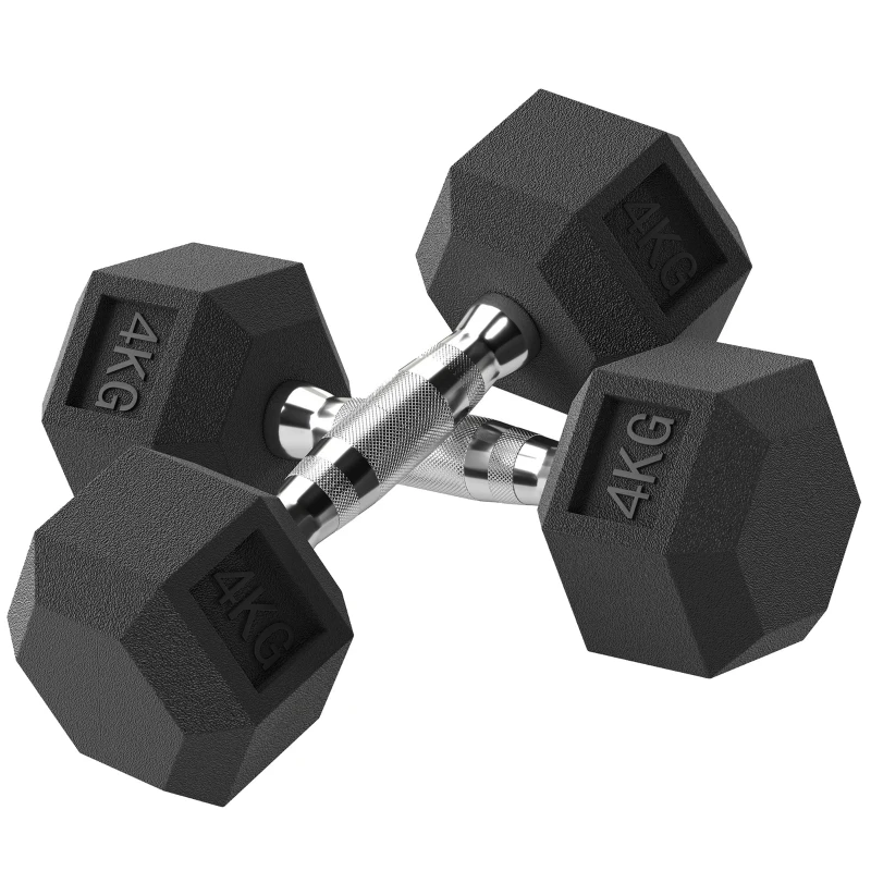 HOMCOM Conjunto de Halteres de 2x4 kg com Barra Metálica e Cabeça Hexagonal Conjunto Pesos para Treino 27,2x10,5 cm Preto e Prata