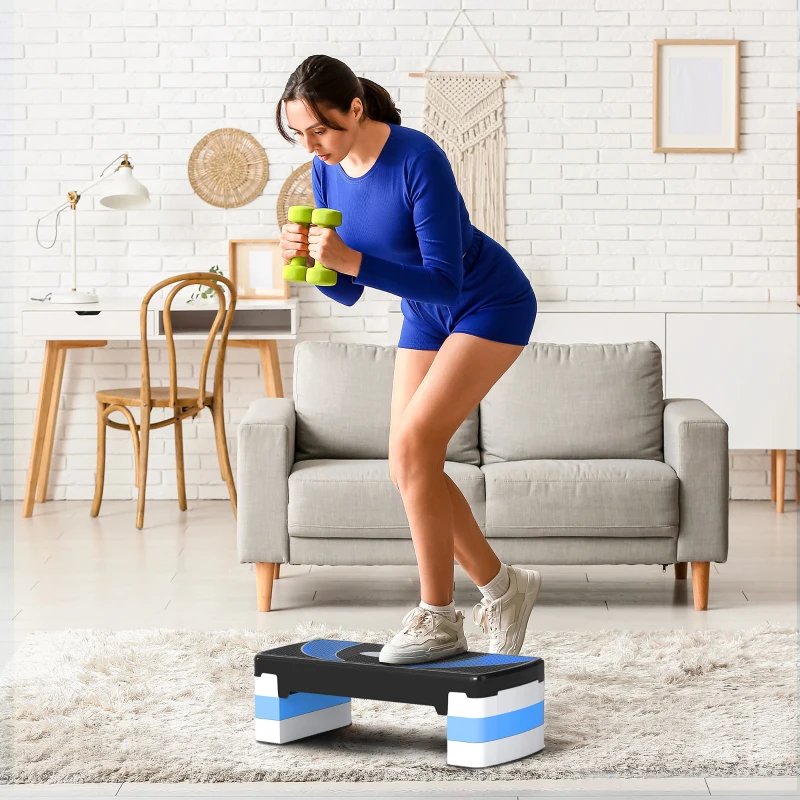 HOMCOM Aerobic Fitness Step, Stepper reglabil la 3 inaltimi 10-15-20 cm pentru antrenament acasa si la sala, albastru si negru