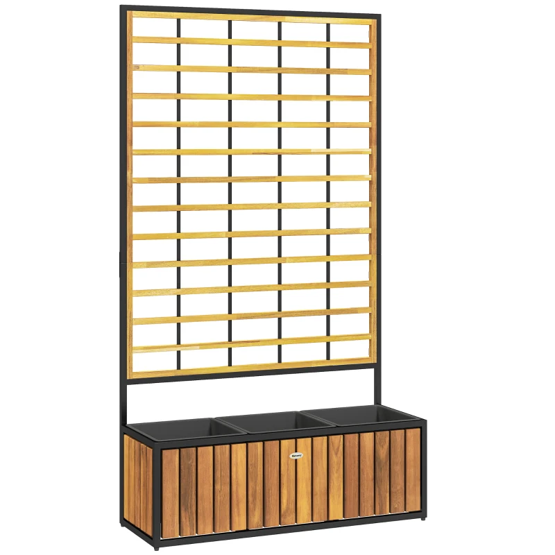 Outsunny Macetero con enrejado jardinera elevada agujeros de drenaje en madera de acacia y acero 74 x 27 x 131 cm color teka