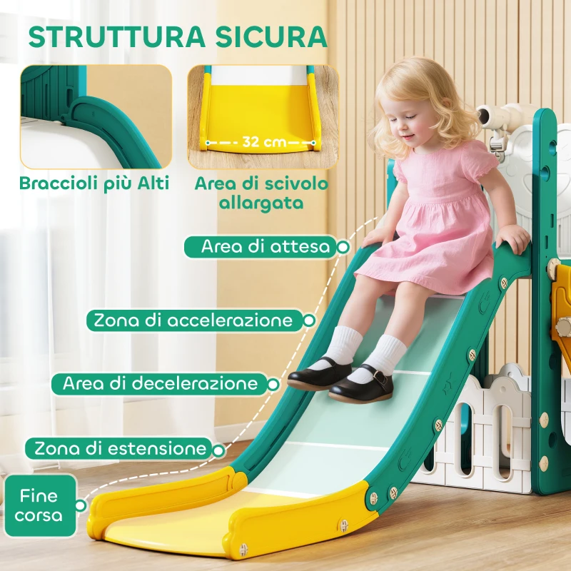 AIYAPLAY Set Scivolo per Bambini 5 in 1 con Canestro, Scaletta e Telescopio Giocattolo, Età 1-3 Anni, Giallo