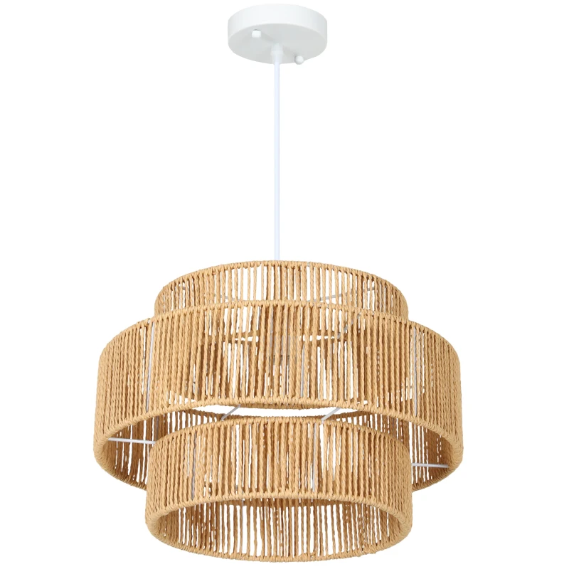 HOMCOM Lámpara Colgante, Pantalla de 3 Niveles, Metal, Cuerda de Cáñamo, Marrón Claro