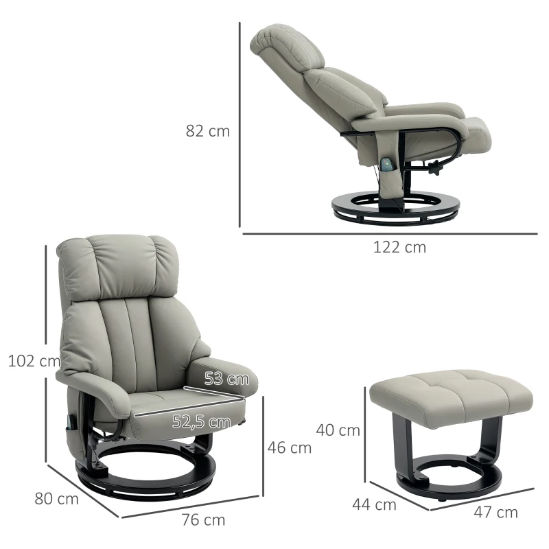 HOMCOM Sillón de Relax con Función de Masaje, Sillón de TV con Bolsillo Lateral, Cuero Sintético, Gris