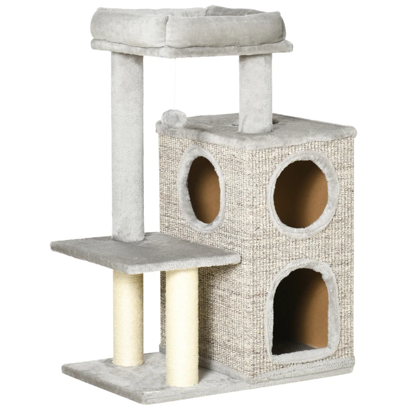 PawHut Árbol Rascador con Cuevas para Gatos, Cama para Gatos y Juguete de Pelota, 60x40x91 cm, Gris claro + Natural