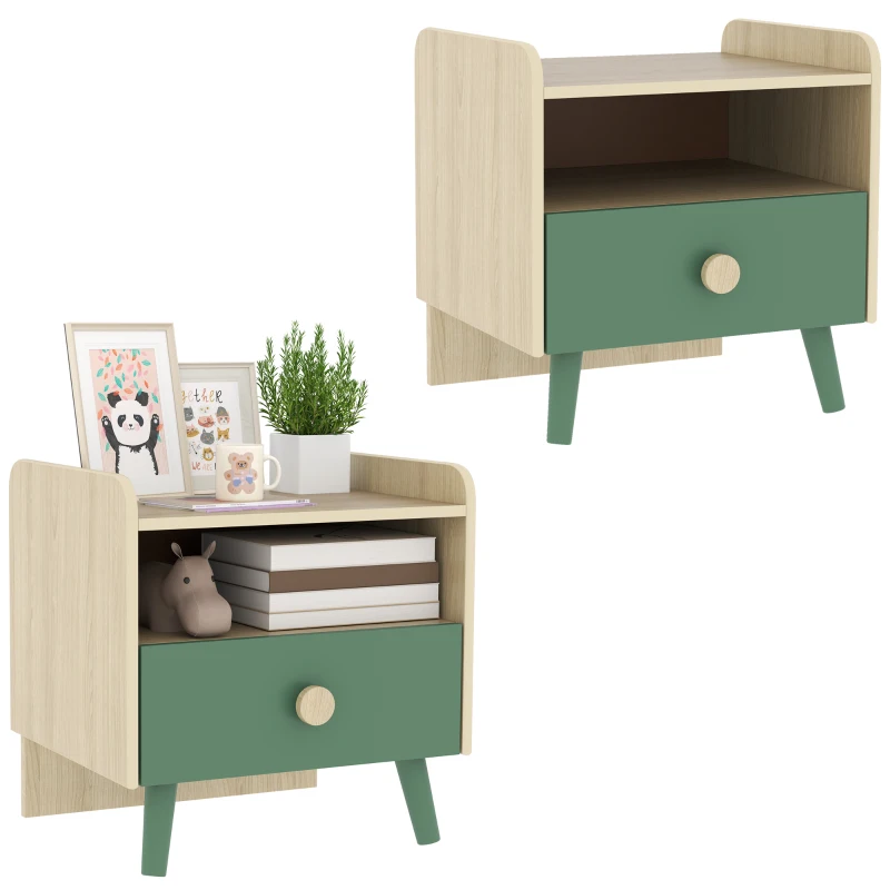 Lot de 2 tables de chevet enfant, tables de nuit enfant avec tiroir et niche, pour chambre d'enfant, 40x32,5x40cm, vert