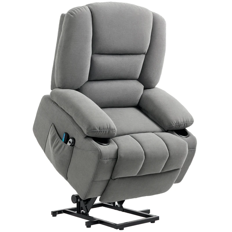 HOMCOM Sillón elevador relax eléctrico, función de masaje y calor, inclinación ajustable, reposapiés, controles remotos, Gris