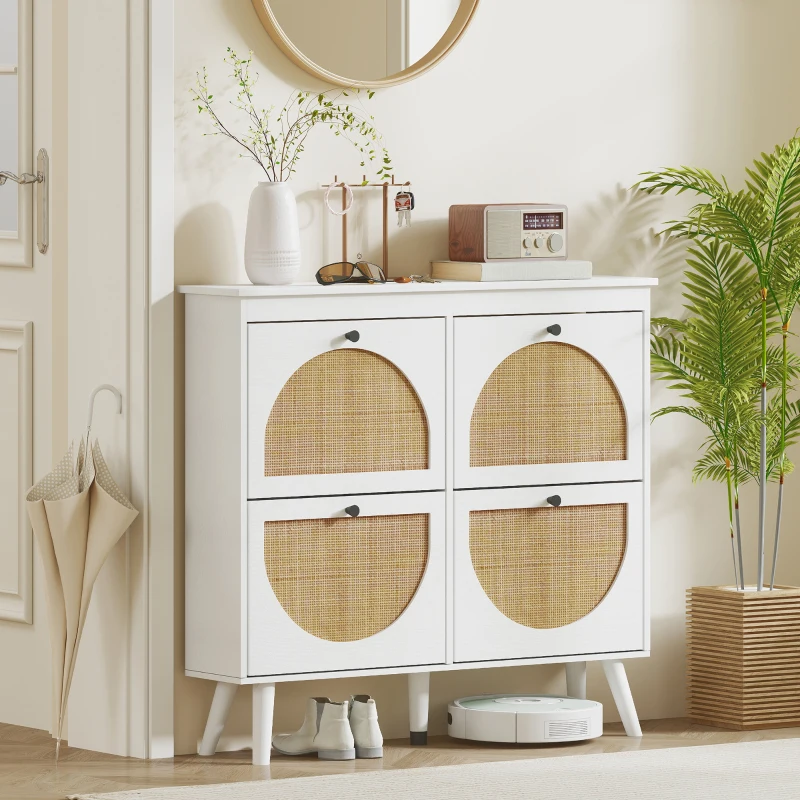 HOMCOM Mueble para zapatos 4 abatibles 20 pares estante ajustable estilo bohemio patas de madera maciza 105x24x97,5 cm blanco