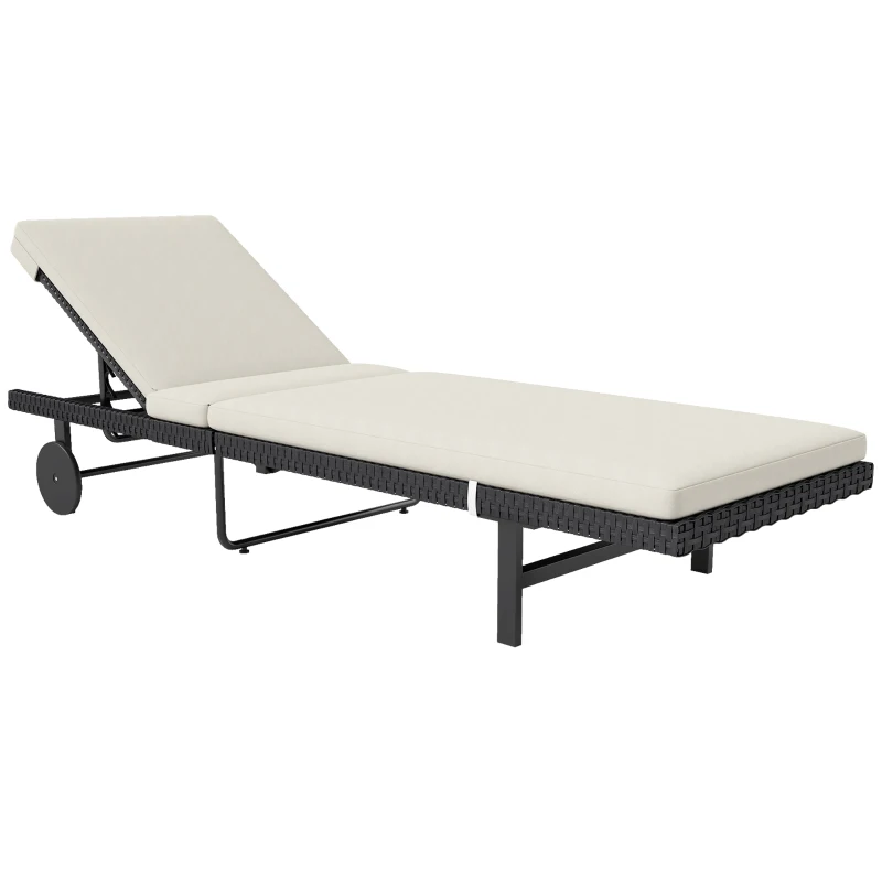 Outsunny Tumbona de jardín con cojín de resina trenzada reclinable con ruedas, 198x65x85 cm, Crema