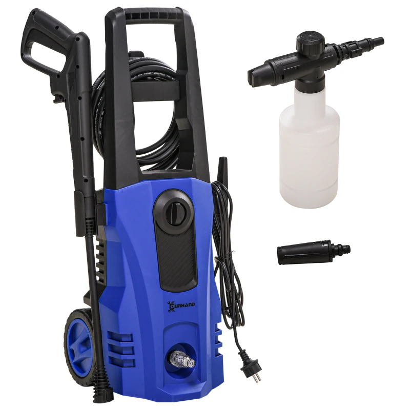 DURHAND Lavadora a presión potencia 150 bares máx, caudal 510 l/h máx, motor 1800W manguera 6m y cable 5m con ruedas azul