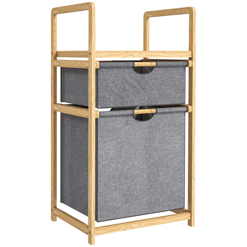 HOMCOM Cesta de Ropa en Bambú Cesto de Ropa Sucia con 2 Bolsas de Tela Deslizantes y Repisa de Listones, Natural