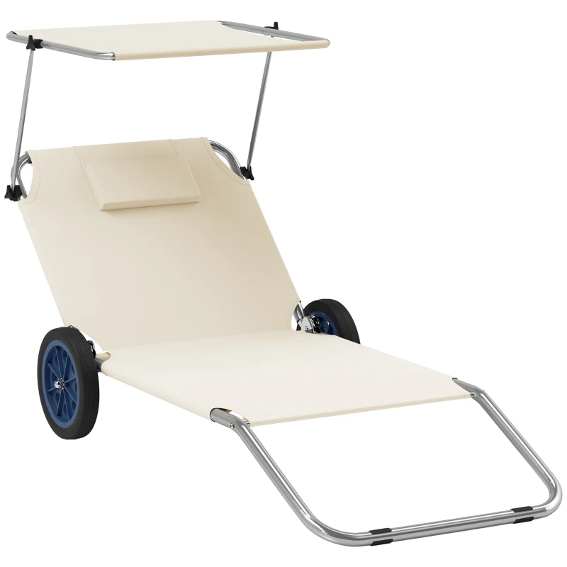 Outsunny Tumbona Plegable de Jardín con Cojín para la Cabeza y Sombrilla Ajustable en Beige