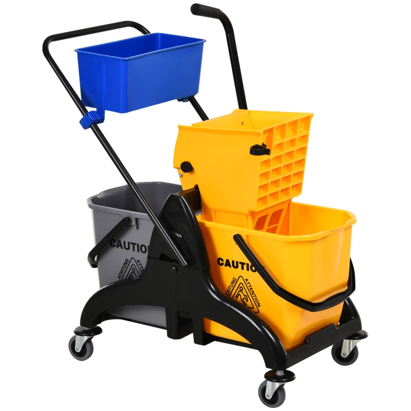 HOMCOM Carrito de limpieza con escurridor lateral, cubo de 26 L + cesta de almacenamiento 78 x 45 x 95 cm amarillo