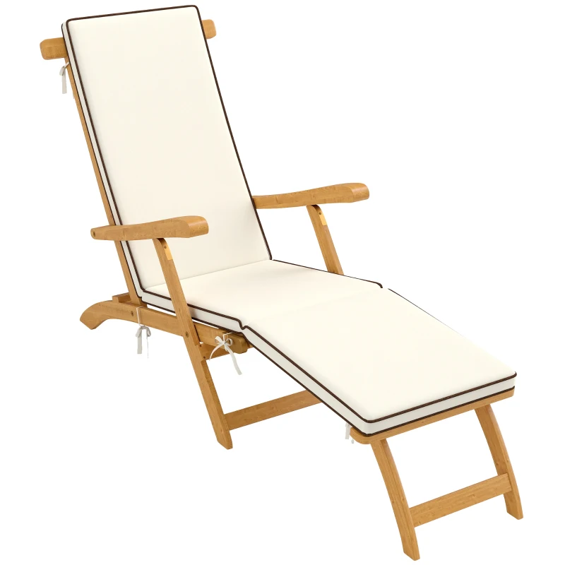 Outsunny Tumbona plegable con cojín de madera de acacia, con reposapiés, soporta hasta 160 kg, 155x54x86 cm, blanco