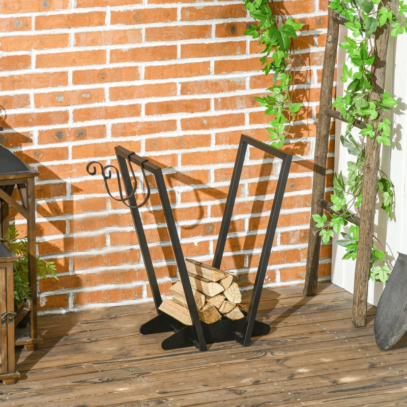 Outsunny Soporte para leña porta leña en acero con 2 ganchos y estante inferior para interior y exterior 45x32x58 cm Negro