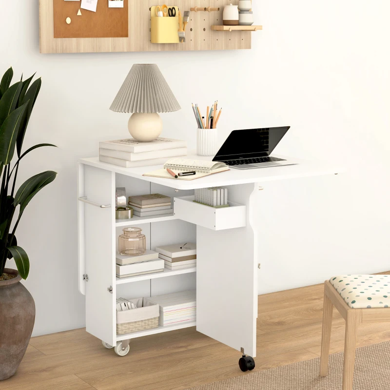 HOMCOM Masă Pliantă, Rulantă, Masă Pliabilă cu Cutie de Depozitare, Rafturi pe 3 Niveluri și Suport, 130x80x76.5 cm, Alb