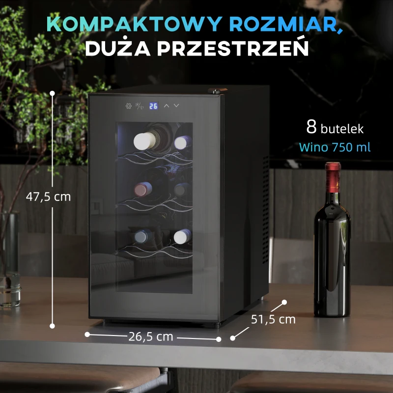 HOMCOM Mała Chłodziarka do Wina, Mini-Lodówka na 28 Butelki, 74 Litrów Pojemności, Drzwi ze Szkła, Oświetlenie LED, Ekran Dotykowy