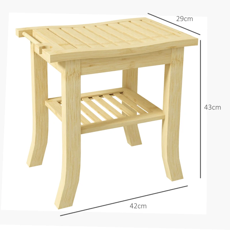 HOMCOM Taburete de ducha en bambú con estante de almacenamiento y portatoallas, 42×29×43 cm, natural