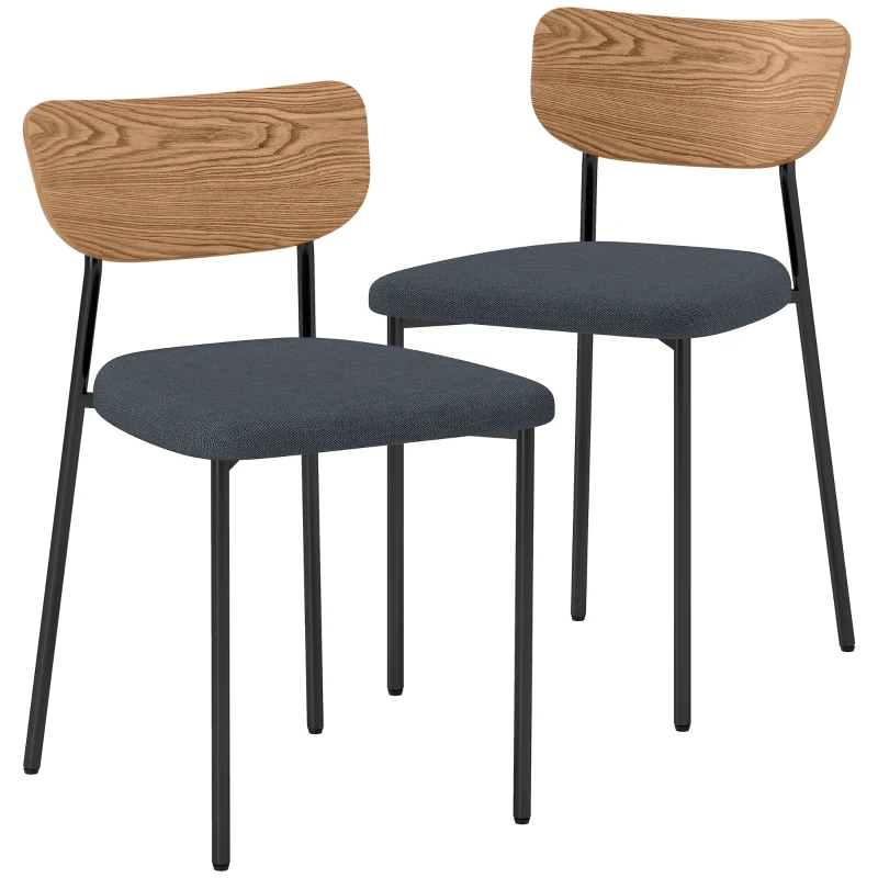 HOMCOM Juego de 2 sillas de comedor con patas de acero, respaldo curvado y asiento acolchado, Gris y efecto madera natural