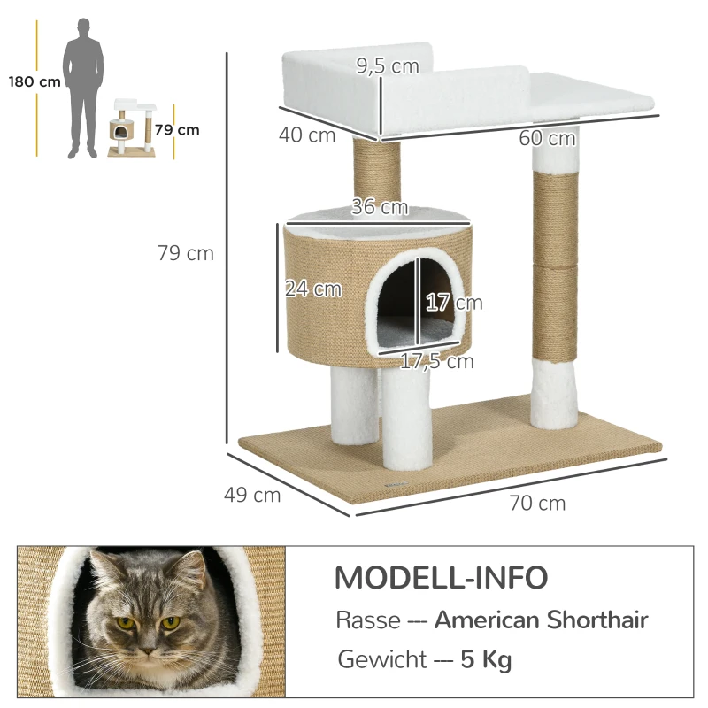 PawHut Árbol Rascador Árbol para Gatos con Casita, 1 Casita, 1 Área de descanso, 70x49x79 cm, Natural + Blanco