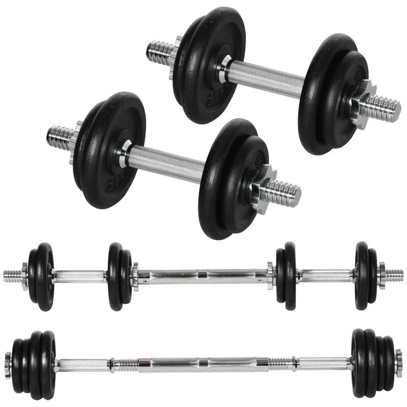 HOMCOM Set de Mancuernas Cortas y Largas 2 en 1 de 20 kg con 8 Discos de Pesas, Hierro Inoxidable, Negro, 95x16x16 cm