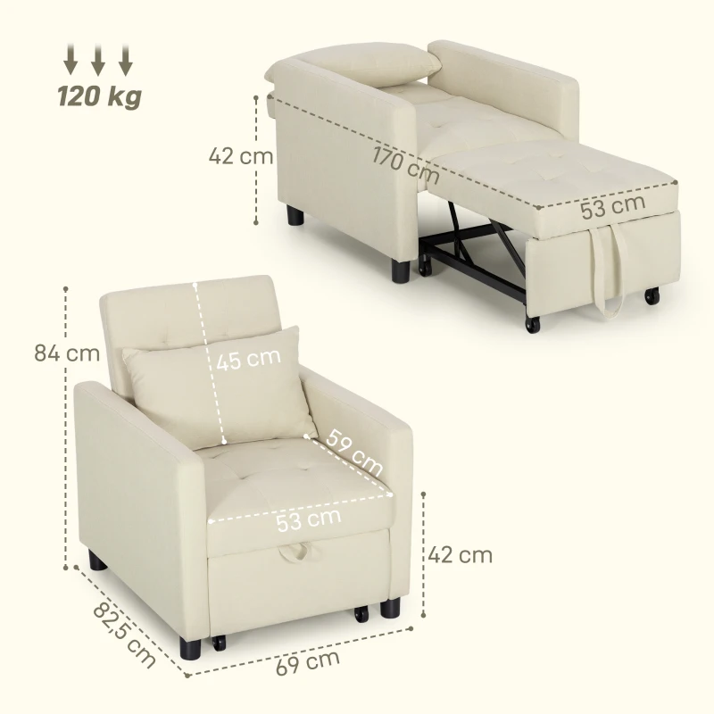 HOMCOM Sofá Cama de 1 Plaza Tapizado en Lino con Respaldo Ajustable de 3 Niveles y Almohada Acolchada 69x82,5x84 cm Beige
