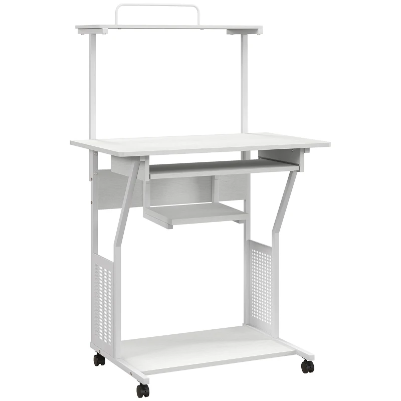 HOMCOM Escritorio de ordenador rodante con estantes de almacenamiento, puesto de trabajo y tablero para teclado, 80x50x130 cm, Blanco