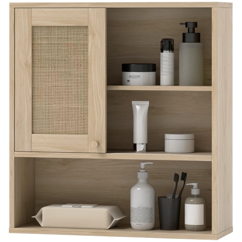 HOMCOM Armario de pared, mueble alto de baño con puerta corredera de ratán y estantes abiertos, madera natural