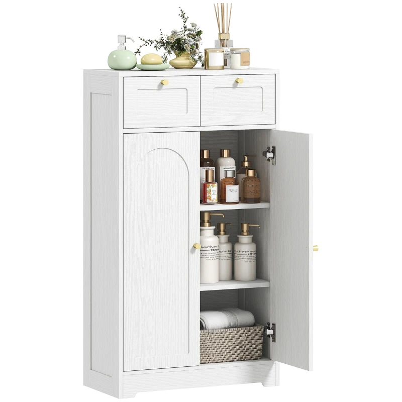 HOMCOM Schmaler Badezimmerschrank mit 2 Schubladen, Offenem Regal und Gewölbter Tür 60x30x108 cm Geprägtes Weiß