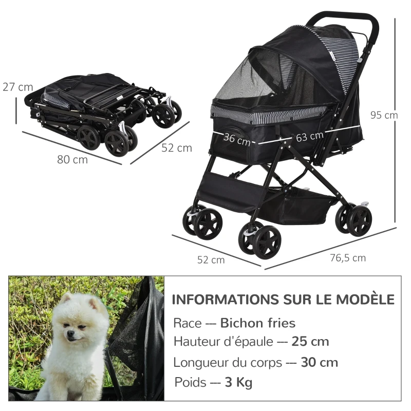 PawHut Carrito para perro mascotas plegable 4 ruedas EVA manillar ajustable cesta 76,5x52x95 cm