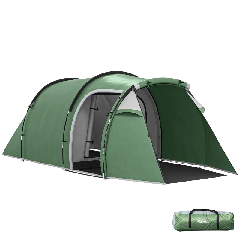 Outsunny Tenda da Campeggio 2-4 Posti con Telo Impermeabile e Porte con Cerniera, 426x206x15 cm, Verde Scuro