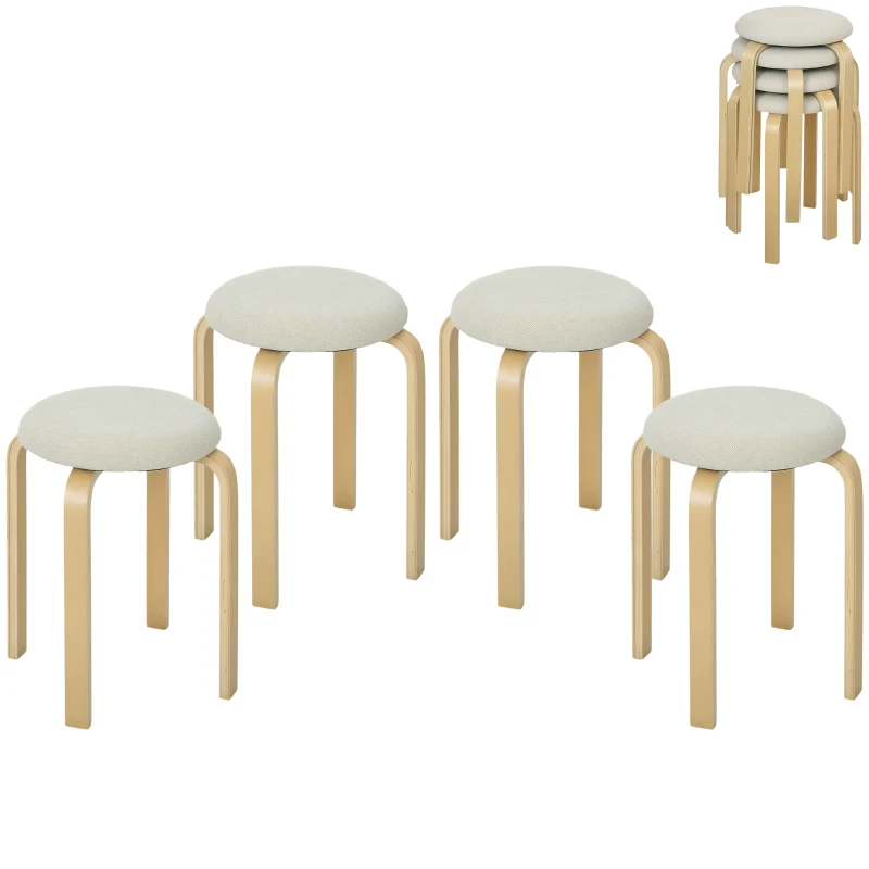 HOMCOM Taburetes acolchados, juego de 4, apilables, superficie lacada, patas de madera, Blanco crema