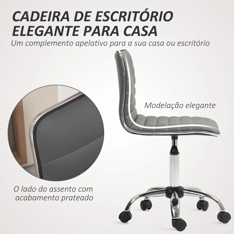 HOMCOM Cadeira de Escritório sem Apoio para os Braços Cadeira de Escritório Giratória com Altura Ajustável 48x52x78-90 cm Cinza