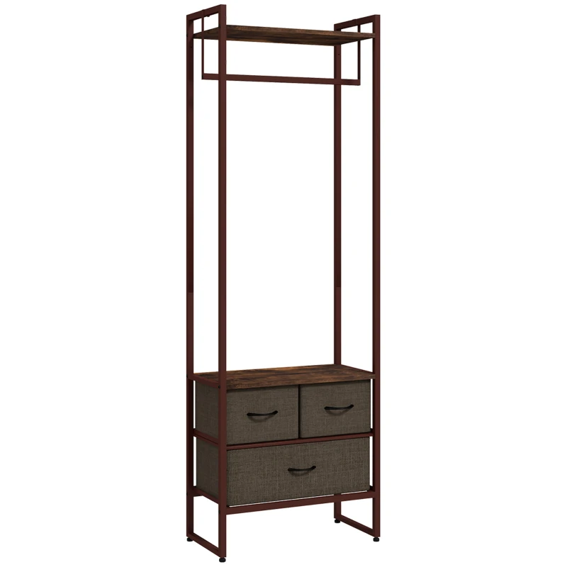 HOMCOM Perchero con 3 cajones de tela, estantes de almacenamiento y barra de suspensión, 58,5 x 30 x 178 cm, marrón