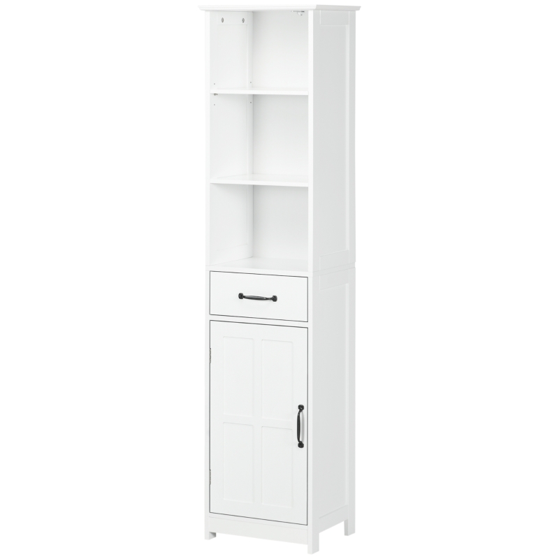 kleankin Mueble de baño columna con 3 compartimentos abiertos, cajón y estante ajustable, 40x30x164 cm, Blanco