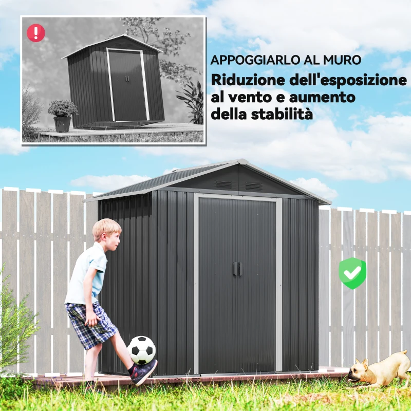 Outsunny Casetta da Giardino con Doppia Porta Scorrevole, 4 Prese d'Aria e Sistema di Blocco, Grigio
