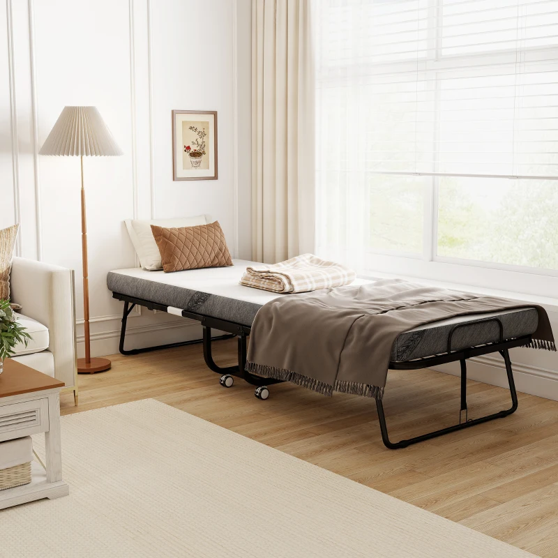 HOMCOM Cama Plegable 200x80 cm con 4 Ruedas, Cama de Camping Portátil, con Colchón Individual de 10 cm, Marco de Acero, Carga 150 kg, para Dormitorio, Salón, Oficina, Blanco