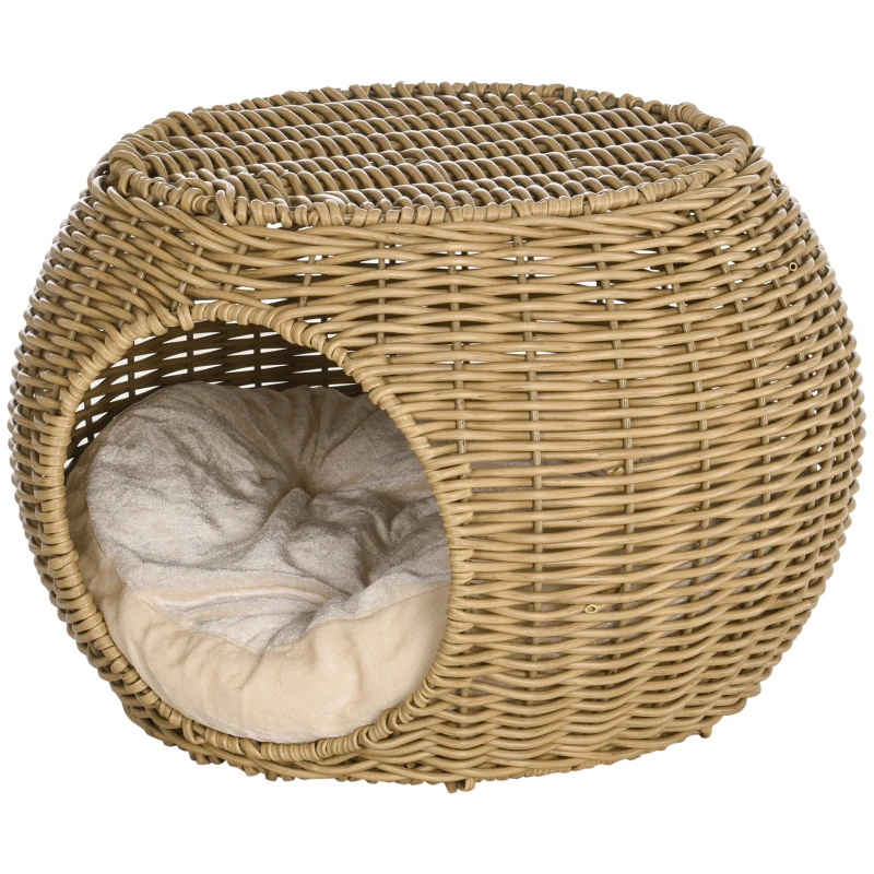 PawHut Niche cama casa para gato 2 niveles en resina trenzada aspecto mimbre con 1 cojín suave 40x30 cm Marrón claro