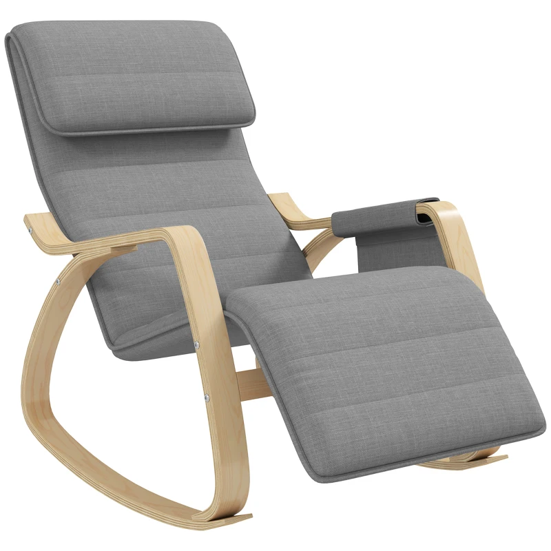 HOMCOM Sillón relax mecedora sillón lactancia con reposapiés ajustable, bolsillo lateral y reposacabezas, gris