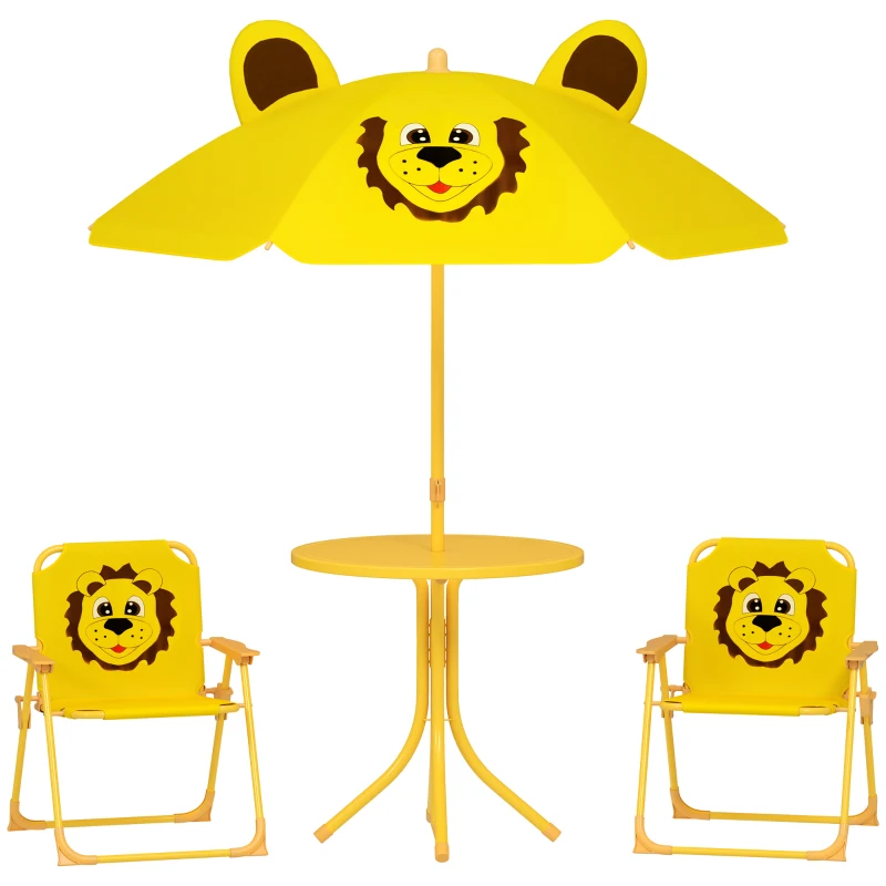 AIYAPLAY Set de muebles de jardín para niños, sillas, mesa, sombrilla, diseño de león, Amarillo