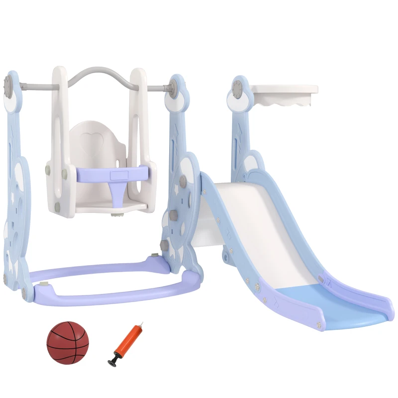 AIYAPLAY Parque infantil interior 4-en-1, Set de Columpio y Tobogán para Niños, Canasta de Baloncesto, Diseño de Cohete, Plástico, Azul claro