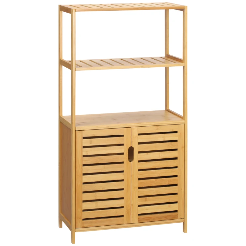kleankin Mueble de Baño de Bambú, Armario de Baño de Pie, 2 Estantes Abiertos y Doble Puerta de Lamas, Natural