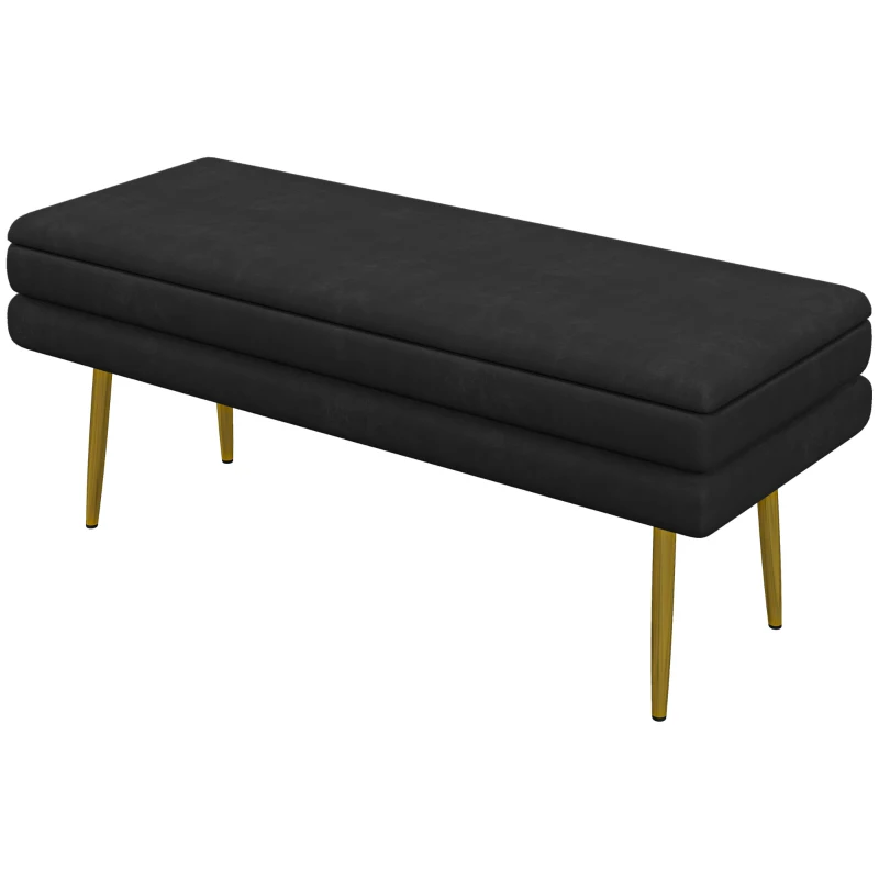 HOMCOM Banco banqueta cofre de almacenamiento 2 en 1 asiento de terciopelo y patas de acero - 100x37,5x42 cm Negro y dorado