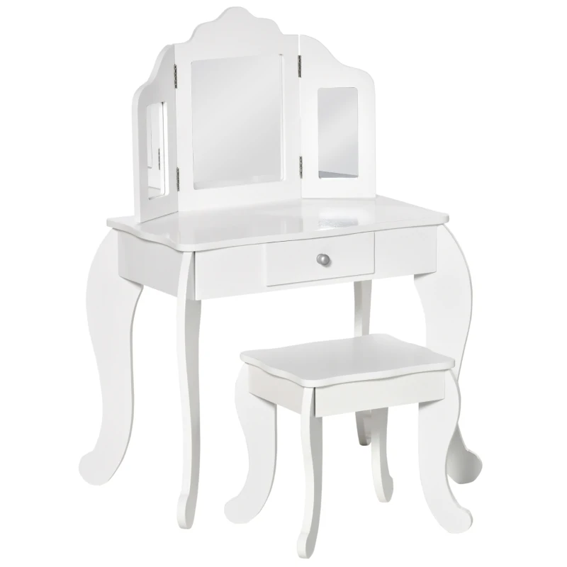 HOMCOM Tocador Infantil con Taburete, Espejo tríptico y cajón deslizante - Tocador dim. 63L x 40A x 85.5Al cm - Blanco Acrílico