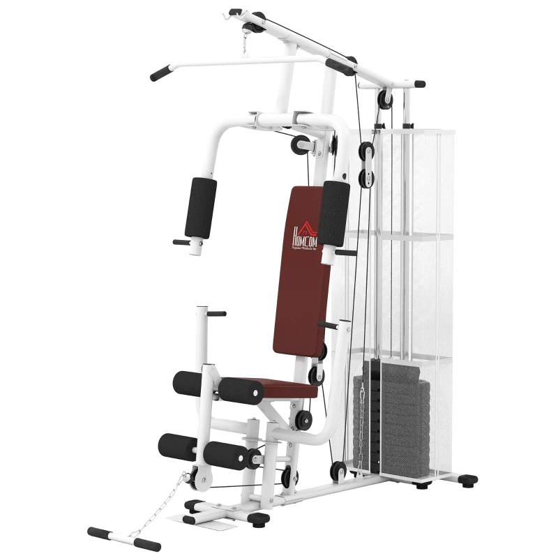 HOMCOM Estación de Fuerza Fitness con Polea de Lat Pull Down Barra de Mariposa 45kg de Pesas Cuerda Aparato de Fitness con Capacidad de hasta 120kg Multifunción Entrenamiento de Fuerza Multiestación Estación de Entrenamiento en Casa Blanco